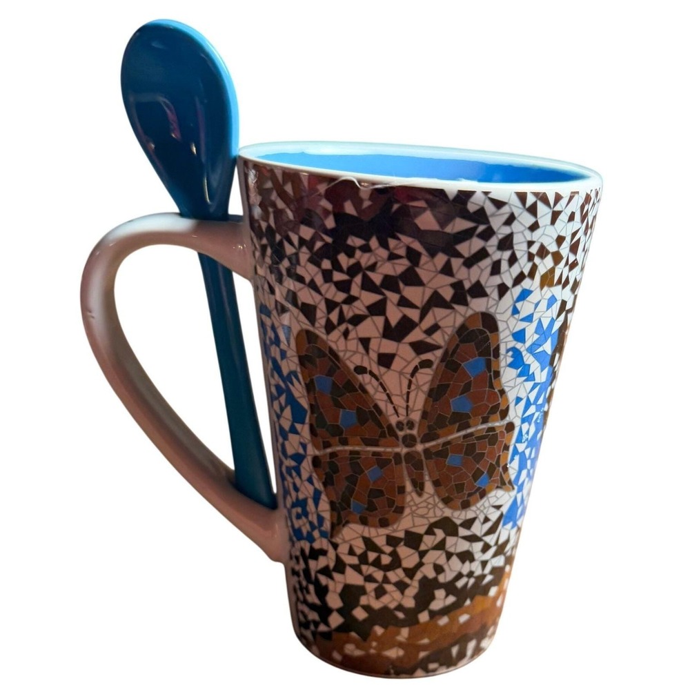 Antoni Gaudi Barcelona Trencadis Mosaic Ceramic Coffee Mug Cup with spoon‎ blue